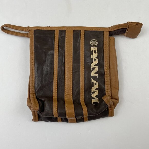 Vintage PAN AM Airlines Amenity Kit Toiletry Travel Bag Zip Brown Leather Pouch - Picture 1 of 8